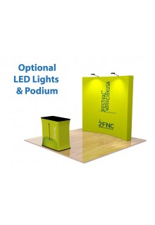 With optional LED lights and hard case with Podium graphic 8ft Curved Pop Up with Velcro Fabric