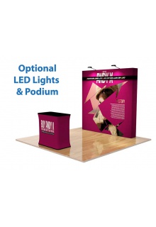 With optional LED lights and hard case with Podium graphic 8ft Straight Pop Up frame and velcro tension fabric