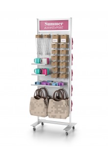 Rolling Base size is 25" wide x 21-1/4" deep x 4" high Rolling Slatwall Stand, 2-Sided with Haader