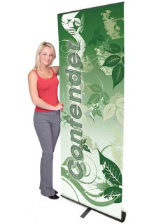 Contender Standard: 29-1/2" wide Contender Retractable Banner Stand with swivel-out foot