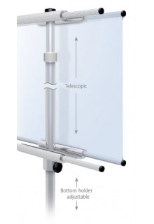 Top holders hold 2 dowels, bottom holders hold 2 dowels for double sided banner display. Double sided height adjustable retail banner stand