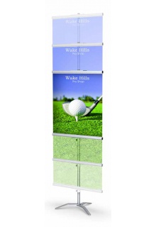 Telescopic double sided retail banner stand Bottom holder moves up and down to set the banner off the floor