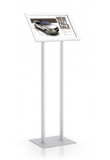 17"w x 11"h sanp frame with graphic insert 17x11 Angled pedestal stand dual upright