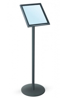 8.5"x11" vertical orientation, black finish Angled pedestal sign frame holder with snap frame black