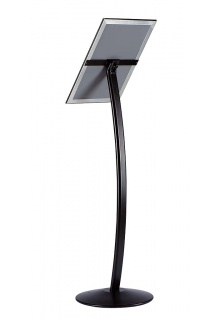 Black finish back view Curved Menu display stand with round weighted base