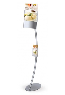 EF3 vertical orientation, curved frame back, silver finish with optional PB1C Pamphlet holde Curved Eclipse Concave Pedestal sign holder stand