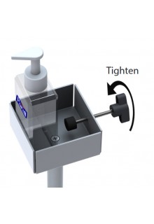 Knob in tray tightens bottle in place and reduces movement Knob in tray tightens hand sanitizer bottle