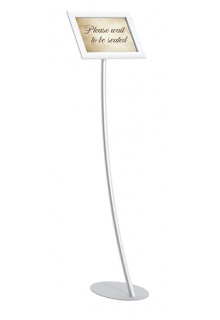 EF1EO horizontal orientation, silver finish Curved and angled pedestal stand with snap open sign frame
