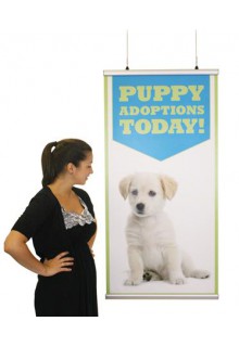 Adjustable hanging clips slide along the top rail to match desired spacing Rails snap open and shut for quick graphic changes