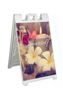 Includes double sided Signicade A-frame with 2 printed signs Great for sidewalk advertising A-Frame sign holder
