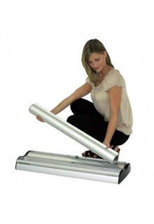 Drop-in interchangable cassette 31.5” wide double-sided roll-up banner stand with graphic cassette