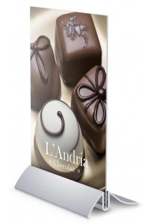 Lens is designed to hold a graphic as thin as paper stock Angled 11" metal tabletop sign holder base silver