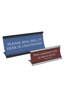 Anodized silver or powder-coated black finish Curved metal countertop sign holder perfect for reception desk
